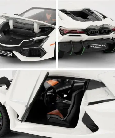 “Lamborghini Revuelto 1/24 diecast toy car with pull‑back action, LED lights, realistic engine sound and water‑vapor smoke exhaust – detailed collector model”
