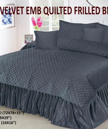5-Pcs Velvet Embroidered Quilted Frilled Bedsheet set with bedsheet, cushions and pillows displayed on a stylish bedroom , imagecaption=Luxurious velvet embroidered quilted frilled bedsheet set – available at Khareedo & Kharedo with Check on Delivery ,