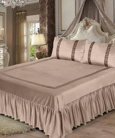 3PC Shine Velvet Applique Bridal Bedset with frilled bedsheet and applique pillow covers on a luxurious bedroom setting, imagecaption=Elegant 3‑piece Shine Velvet Applique Bridal Bedset – free delivery across Pakistan,