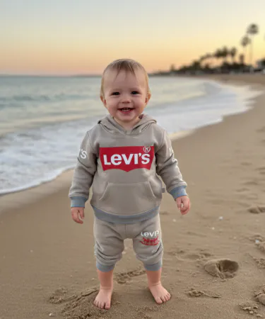 2pc kids hoodie and trouser suit with Levi’s logo printed on fleece, suitable for ages 8 months to 5 years