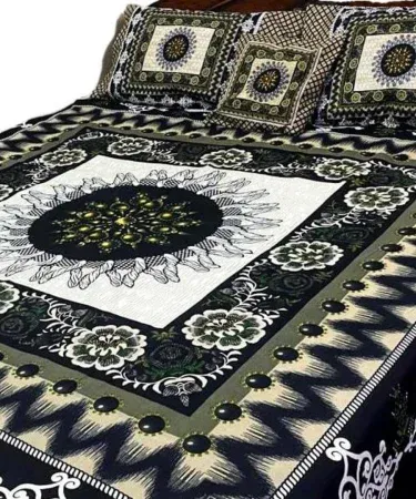 4 Piece 3D Crystal Cotton Bedsheet King Size Double Set with 2 Pillow Covers and 1 Cushion Cover – Premium Luxury Bedding