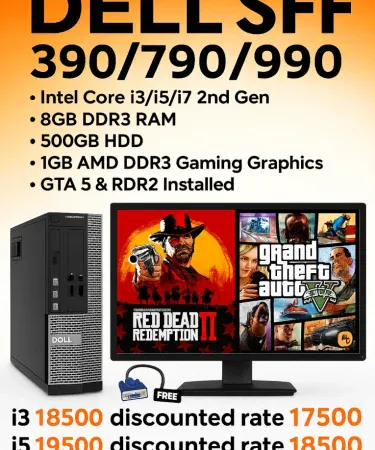 Dell SFF 390/790/990 compact gaming desktop featuring Intel 2nd Gen CPU, 8 GB DDR3 RAM, 500 GB HDD, AMD 1 GB DDR3 graphics, pre‑installed GTA 5 and RDR2, VGA adapter included, imagecaption=Dell SFF 390/790/990 gaming PC – ready to play GTA 5 & RDR2 out of the box,