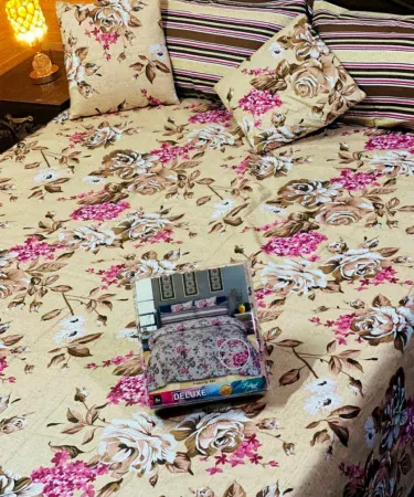 5 Pc Pure Cotton King Size Bedsheet Set with 2 Pillow Covers & 1 Cushion Cover – soft breathable cotton bedding for Pakistani homes