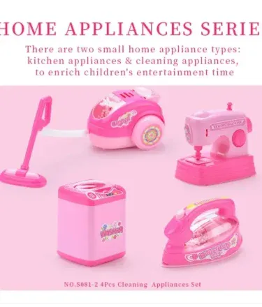 Happy Family 4‑in‑1 Pretend Play Kitchen Toy Set with mini washing machine, iron, vacuum cleaner and sewing machine for kids