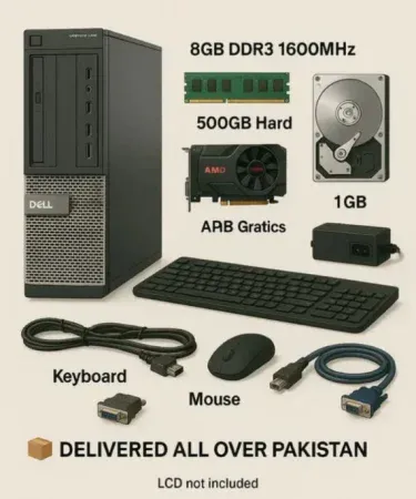 Dell 390/790/990 Desktop featuring Core i3/i5/i7 2nd Gen processor, 8 GB RAM, 500 GB HDD, 1 GB AMD graphics, VGA adapter, keyboard + mouse and all cables – GTA 5 ready, available at Khareedo | Kharedo in Pakistan,