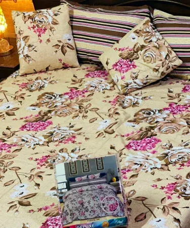 5 Pc Pure Cotton King Size Bedsheet Set with 2 Pillow Covers & 1 Cushion Cover – soft breathable cotton bedding for Pakistani homes