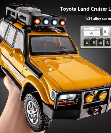 1:24 scale Toyota Land Cruiser LC80 diecast model with sound and light, officially licensed metal miniature car with opening doors, yellow‑orange finish, displayed on Khareedo | Kharedo , imagecaption=Officially licensed 1:24 Toyota Land Cruiser LC80 diecast model with sound & light – available on Khareedo & Kharedo across Pakistan ,