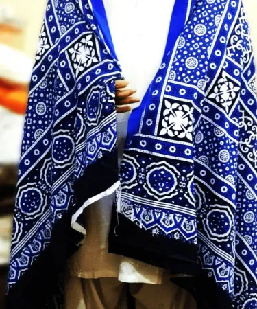 Blue Multani Ajrak cotton shawl with traditional Sindhi block prints, imagecaption=Elegant Blue Multani Ajrak – Hand‑crafted cotton shawl and authentic Ajrak pattern.