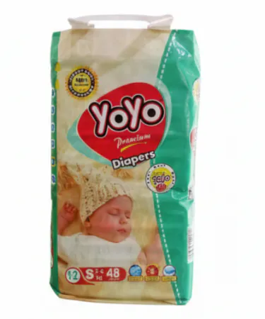 YOYO Baby Diapers Small 48 pcs pack with soft breathable Aloe Vera gel towel sheet, elastic band and magic strip, imagecaption=YOYO Baby Diapers Small – 48 pcs of soft, breathable comfort for newborns.