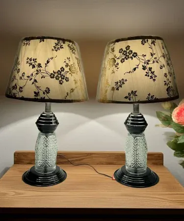 Decorative glass table lamp set with floral fabric shade, modern bedside night lamp for bedroom and living room – Khareedo & Kharedo