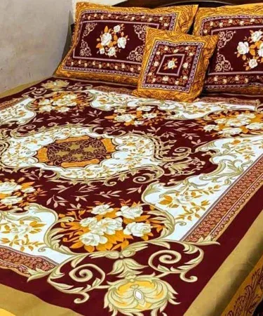 4 Piece 3D Crystal Cotton King Size Bedsheet Set with 2 Pillows and Cushion Cover – Khareedo , imagecaption=Elegant 3D crystal cotton king size bedsheet set from Khareedo, perfect for double beds ,