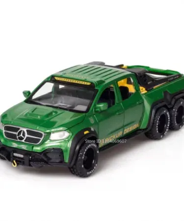 1:28 Mercedes Benz X-Class EXY 6X6 alloy diecast model with metal body, pull‑back function, light & sound effects and openable doors