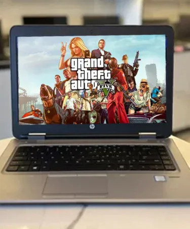 HP EliteBook 640 G2 14‑inch gaming‑ready laptop with GTA 5 installed, sleek black design, Core i5 processor, 8 GB RAM, 500 GB HDD, 1 GB graphics card