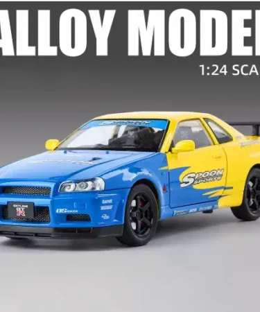 1:24 Nissan GTR R34 Skyline diecast model – detailed JDM sports car replica with metal alloy body, pull‑back, light & sound, openable doors , imagecaption=Premium 1:24 scale Nissan GTR R34 Skyline diecast model – perfect for collectors and JDM fans, available with Khareedo | Kharedo Check‑on‑Delivery service ,