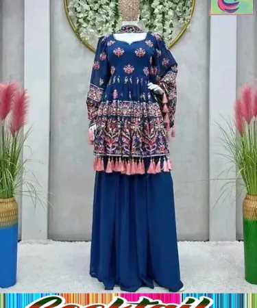 Front V‑neck heavy embroidered peplum frock with chiffon plazo and four‑sided dupatta – 3pc cotton dress set, imagecaption=Elegant 3pc cotton dress set by Cocktail by GN Garments, featured on Khareedo | Kharedo.