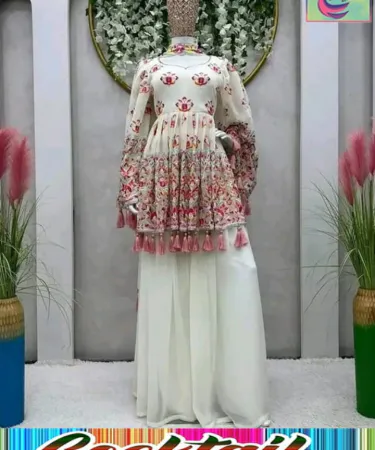 Front V‑neck heavy embroidered peplum frock with chiffon plazo and four‑sided dupatta – 3pc cotton dress set, imagecaption=Elegant 3pc cotton dress set by Cocktail by GN Garments, featured on Khareedo | Kharedo.