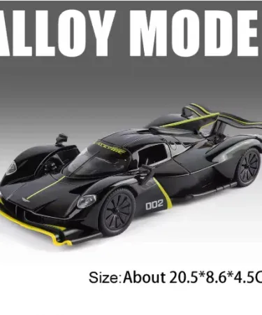 1:24 Aston Martin Valkyrie GT‑R50 alloy diecast model car with metal body, open doors and realistic wheels, displayed on a collector’s shelf