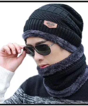 Beanie caps warm caps neck cover set – cozy fleece hat and neck warmer for winter, imagecaption=Stylish beanie and neck cover set perfect for chilly weather,