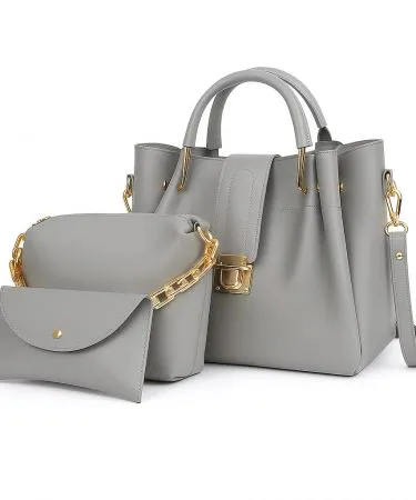 3‑piece synthetic leather shoulder bag set with soft stuffing and long adjustable strap, imagecaption=Premium soft‑stuffed synthetic leather shoulder bag collection – available now on Khareedo & Kharedo.