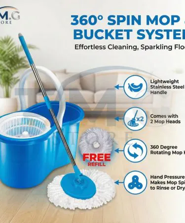360° spin mop bucket set with stainless steel adjustable handle and high‑absorbent microfiber mop head for wet and dry floor cleaning