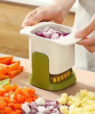 Multifunctional vegetable chopper with multiple blades for onion dicing, French fries, cucumber and potato slicing, imagecaption=All‑in‑one vegetable chopper from Khareedo|Kharedo – perfect for quick kitchen prep,