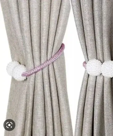 Random color magnetic curtain tieback pair with pearl decorative rope holdback, imagecaption=Magnetic curtain tiebacks – convenient decorative rope holdbacks for any drape,