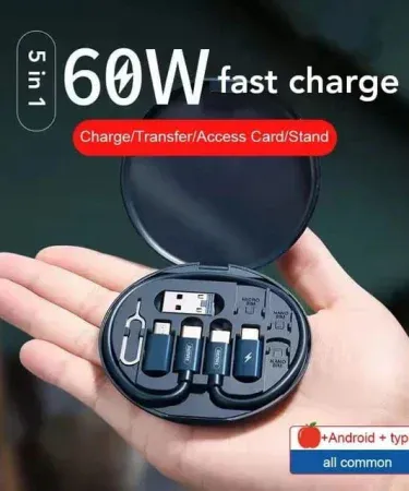5 in 1 Multifunctional Portable Data Cable Storage Set with 4‑port adapter, SIM‑card ejector and built‑in phone stand
