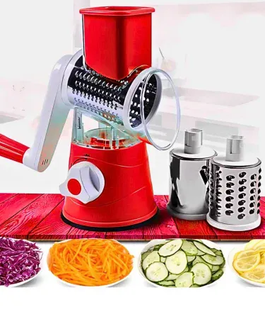 Multi-Functional Tabletop Drum Grater Manual Vegetable Cutter Slicer & Grater Chopper on kitchen countertop, compact design for easy storage