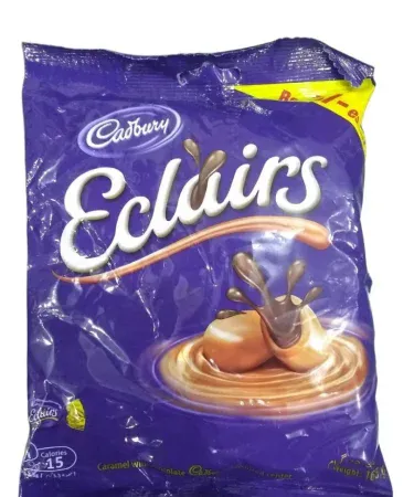 Eclairs candy packed in a clear pouch with fresh sweet treats, imagecaption=Convenient pouch packing of Eclairs candy – ready for fast delivery across Pakistan,