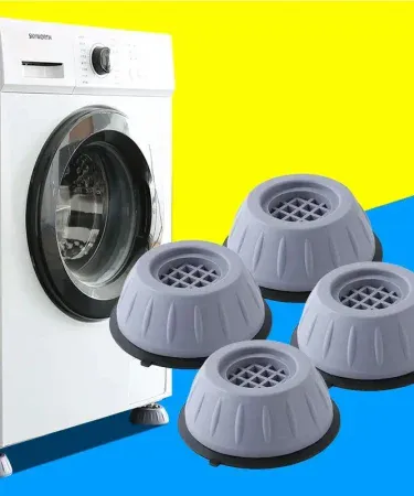 4‑piece anti‑vibration washer foot pad set made of TPR material, gray color, showing top and bottom diameters, height and non‑slip surface, ideal for washing machines and dryers in Pakistani homes, imagecaption=4 pcs Washer Foot Pad Anti‑Vibration Pads – non‑slip, shock‑absorbing support for washers & dryers.