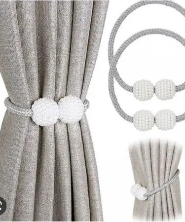 Random color magnetic curtain tieback pair with pearl decorative rope holdback, imagecaption=Magnetic curtain tiebacks – convenient decorative rope holdbacks for any drape,