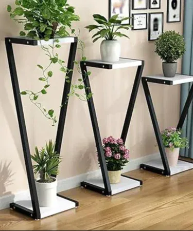 Zed shape 3‑piece flower pot stand set – modern plant holder for indoor and outdoor use, stylish Z‑shaped design, three different sizes, perfect for home garden décor