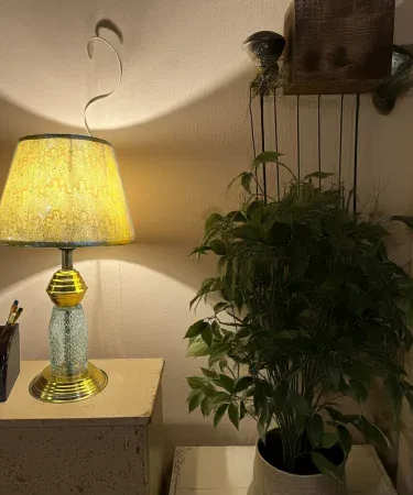 golden table lamp with fancy shadow casting elegant light on a modern living room table, imagecaption=Elegant Golden Table Lamp 1 pcs with Fancy Shadow – Perfect for Home Décor.