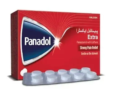 Panadol Extra tablets (10‑tablet strip) showing white tablets with branding, suitable for pain and fever relief in Pakistan