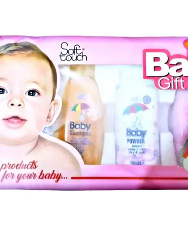 Baby gift box for newborn – 4‑piece set with soft toys, blankets, and baby care items neatly packed in a stylish box