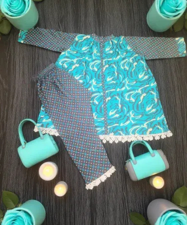 Turquoise blue and dark grey lawn dress for girls, lightweight summer outfit, perfect for parties and school events