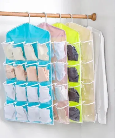 16 grid pockets clear hanging bag for socks, bras, underwear and stationery – transparent polyester organizer, imagecaption=Clear hanging storage bag with 16 transparent pockets – perfect for organizing socks, bras, underwear, stationery and daily accessories.