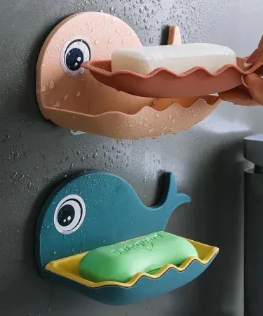 Fish shaped self‑adhesive wall‑mounted soap box with double‑layer drainage for bathroom