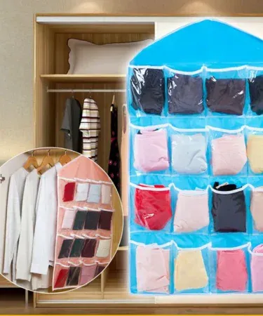 16 grid pockets clear hanging bag for socks, bras, underwear and stationery – transparent polyester organizer, imagecaption=Clear hanging storage bag with 16 transparent pockets – perfect for organizing socks, bras, underwear, stationery and daily accessories.