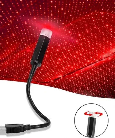Romantic LED Car Roof Star Night Light Projector showing a galaxy effect inside a car interior, USB powered decorative lamp, adjustable colors, waterproof IPX4 design