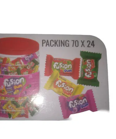 Fusion bubble gum 4 flavour mix box pack 70 pcs – colorful fruity gum pieces, imagecaption=Fusion Bubble Gum 4 Flavour Mix – 70 Pieces Pack.