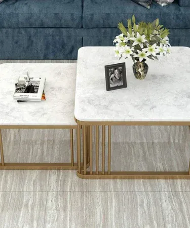 Modern Nesting Coffee Table Set with marble Lasani sheet top and iron frame, 2‑piece nesting design for living room or office