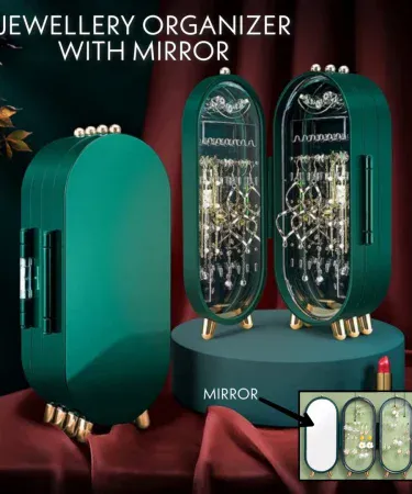 Foldable dustproof jewelry organizer with mirror, earring slots and necklace hanging holder for travel and home use