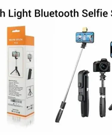 R1s Bluetooth Selfie Stick with LED Fill Light, Remote Control, and 3‑in‑1 Tripod Stand – Black version, imagecaption=R1s 3‑in‑1 Bluetooth selfie stick with LED light and remote, perfect for selfies, vlogging, and live streaming.