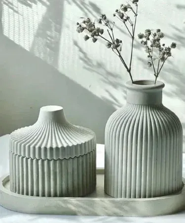 Handmade Plaster of Paris ribbed decorative vase set with tray – 3 pieces, lightweight and premium finish