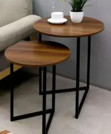 modern V‑frame round wooden top table set 2 piece – sleek metal frame with smooth wooden tops, perfect for contemporary interiors