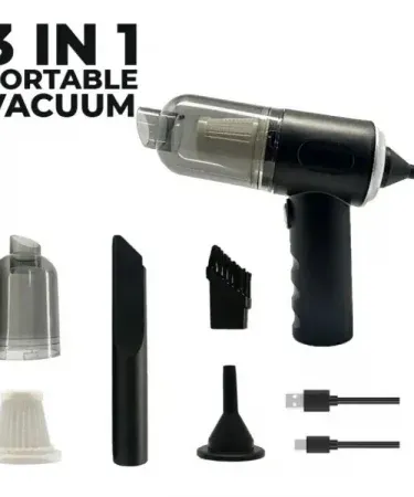 3‑in‑1 portable wireless car vacuum cleaner handheld wet and dry use on a car interior, imagecaption=Compact cordless vacuum perfect for cleaning car interiors, wet spills, and household dust.