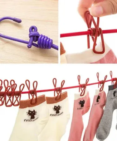Portable foldable drying rope with 12 rust‑resistant clips and 2 heavy‑duty hooks, compact travel laundry clothesline for indoor/outdoor use in Pakistan, imagecaption=Compact travel laundry clothesline – perfect for balconies, camping, and small apartments.