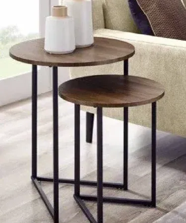 modern V‑frame round wooden top table set 2 piece – sleek metal frame with smooth wooden tops, perfect for contemporary interiors