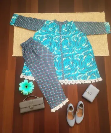 Turquoise blue and dark grey lawn dress for girls, lightweight summer outfit, perfect for parties and school events